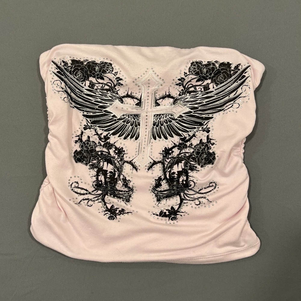 Urban Weekend Y2K Pink Tube Top Rhinestone Angel Wings Cross Graphic Ruched S